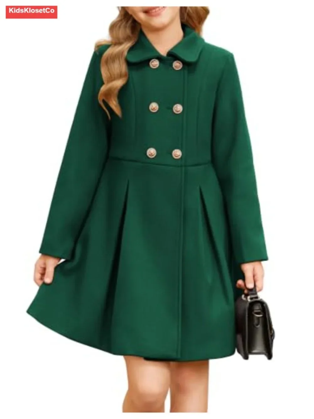 Girls Wool Peacoat Double-Breasted Coat with Notched Lapel & Pockets Sizes 6-14